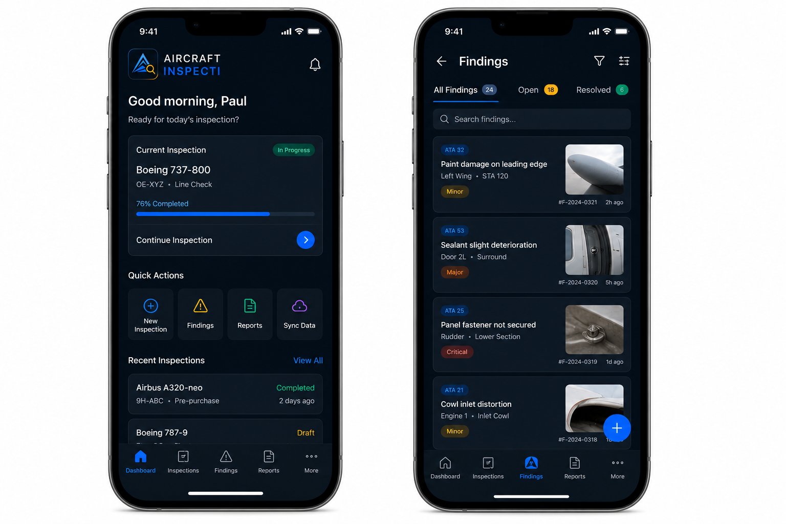 Aircraft Inspecti mobile app mockup showing dashboard and findings screen